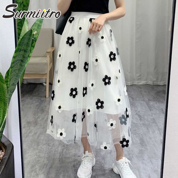 Surmiitro Midi Long Tulle Saia Mulheres Verão Estilo Coreano Branco Preto Floral Cintura Alta Cintura Meados de Comprimento Feminino 210712