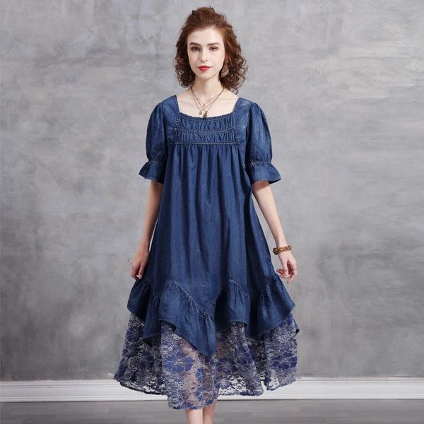 

casual dresses vintage loose denim for women 2021 short sleeve square collar dress spring patchwork lace, Black;gray