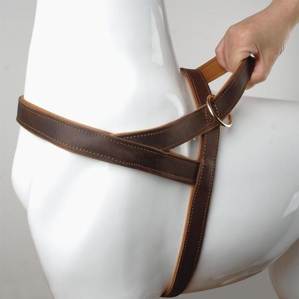 

1\" wide genuine leather dog harness brown for walking training medium large dogs pitbull boxer german shepherd 30-36\" ch qylqde