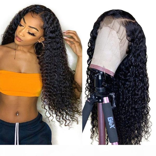 

deep wave t part lace front wigs 150 density curly lace front human hair wigs pre plucked human hair for women, Black;brown