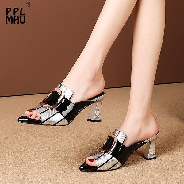 

slippers pu soft leather slip on high heels women sandals black gingham peep toe shoes outside wear slides zapatos de mujer 2021