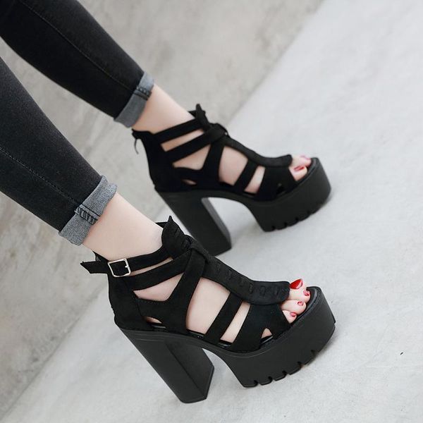 

rome style block heels for women spring summer flock demonias shoessandals platform open toe heels female footwear summer shoes, Black