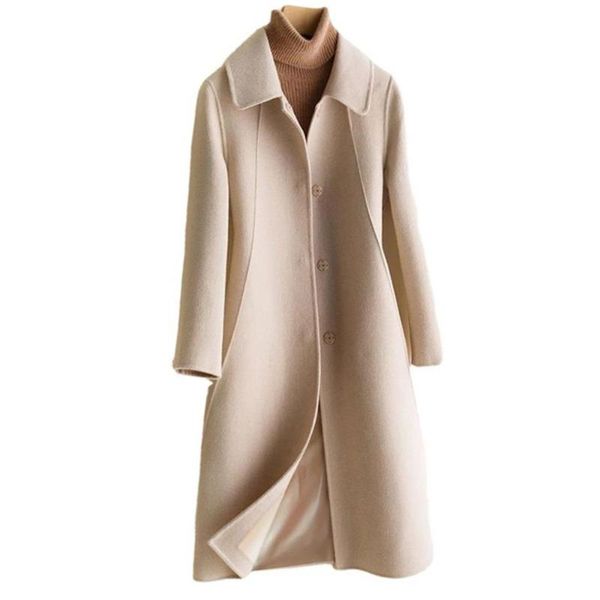 

women's wool & blends slim fit overcoat simple breasted winter mid-length autumn trench coat outwear long sleeve clothes coats, Black