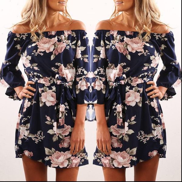 

women dress 2021 summer off shoulder floral print chiffon dress boho style short party beach dresses vestidos de fiesta 3xl, Black;gray