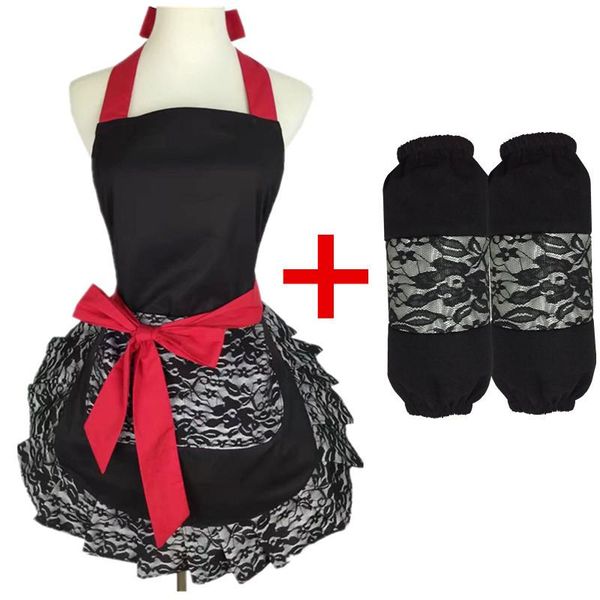 

fashion kitchen apron stain-proof lady lace large pocket cotton apron sleeve