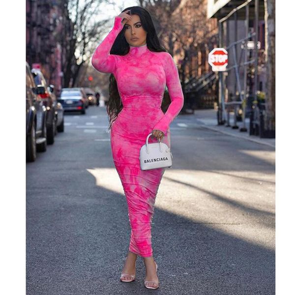 

casual dresses haoohu tie dye print long sleeve bodycon maxi dress women vestidos 2021 spring clothes turtleneck night club party, Black;gray