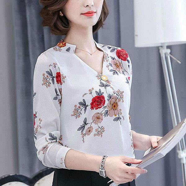 

women's blouses & shirts fall women blusas elegant vintage long sleeve v-neck floral female fashion chiffon large size femme, White