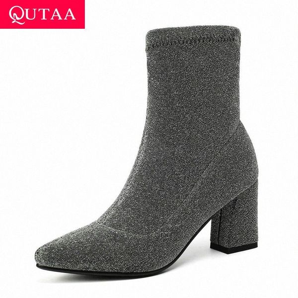 

qutaa 2020 stretch flock slip on women boots thick high heel casual ankle boots fashion pointed toe women shoes big size 34 43 fringe s4so#, Black