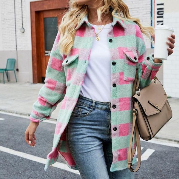 

women's jackets retro long fleece jacket sleeve plaid thick urban fashion oversized 2021, Black;brown