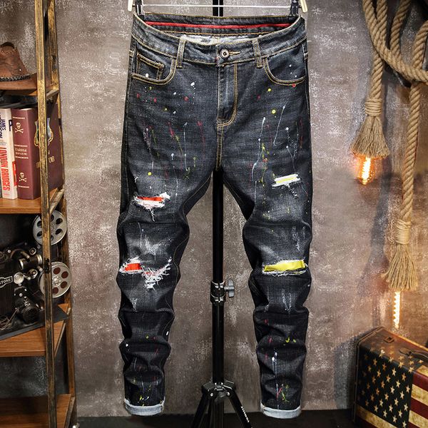 

jeans men's jean homme pantalones hombre ink graffiti 2021 spring new fashion black gray hole denim regular fit mens pants fo7k, Blue