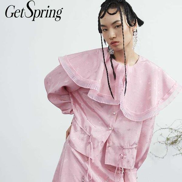 

getspring women blouse peter pan collar ruffles pink women's summer blouses long sleeve vintage casual female 210601, White