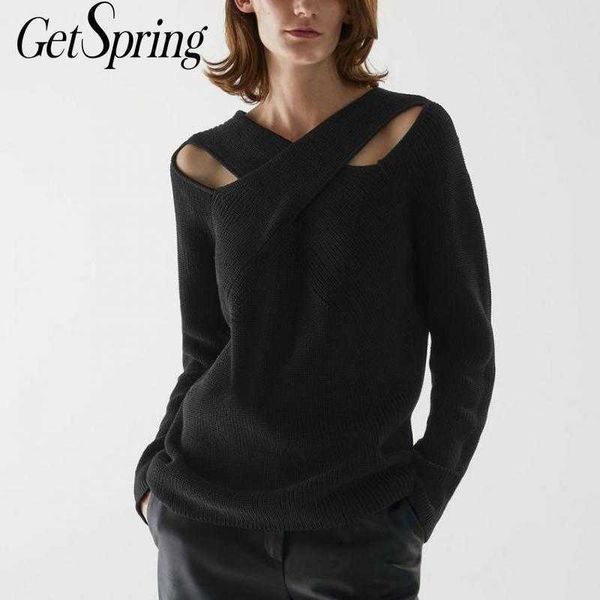 

getspring women sweater v-neck hollow out black sweaters pullovers woman casual knit 210601, White;black