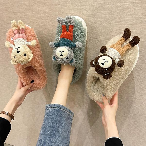 

slippers soft toys bear ladies children girls faux fur fluffy home house cotton shoes cute warm winter mules female, Black