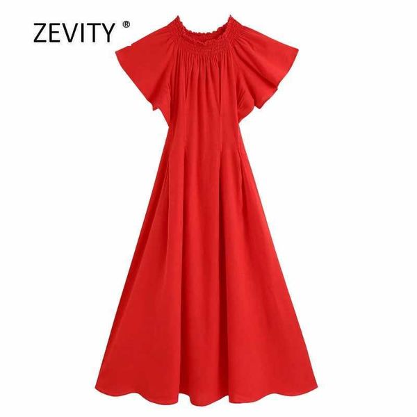 

zevity women fashion off shoulder elastic pleats red midi dress ladies vacation style short sleeve vestidos chic dresses ds4033 210603, Black;gray