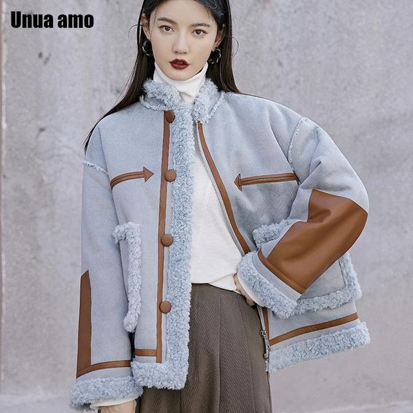 

women's fur & faux unua amo 2021 winter women leather coat thick loose streetwear biker lambswool outwear female warm fleece jackets, Black