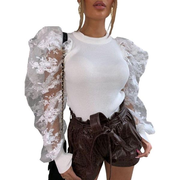 

women's blouses & shirts spring autumn floral lace puff sleeve ribbed knitted shirt blouse women sweet elegant party clubwear ladies b, White