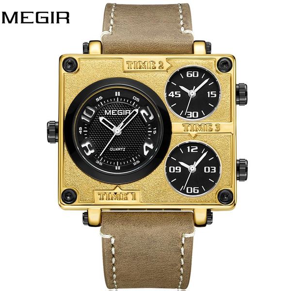 

wristwatches megir men's watches unique designer men fashion square big face 3 time zone casual quartz watch, Slivery;brown