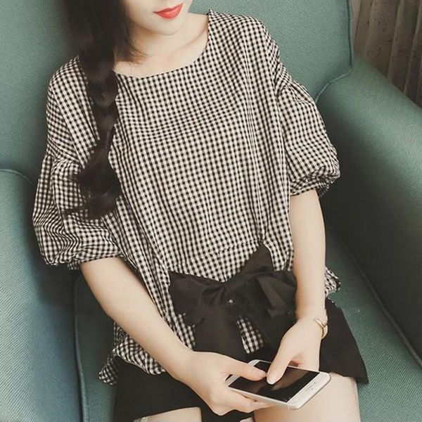 

women's blouses & shirts summer half sleeve o neck ladies fashion plaid blouse women shirt casual blusas, White