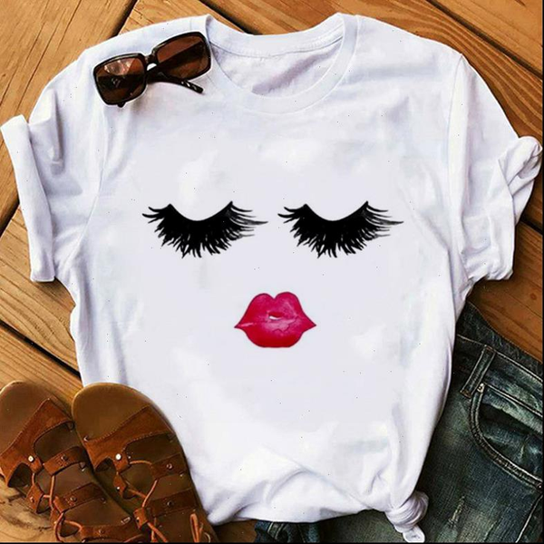 

pretty and cute red lips eye lashes print women t shirt summer fashion short sleeve o neck t shirt white tshirt