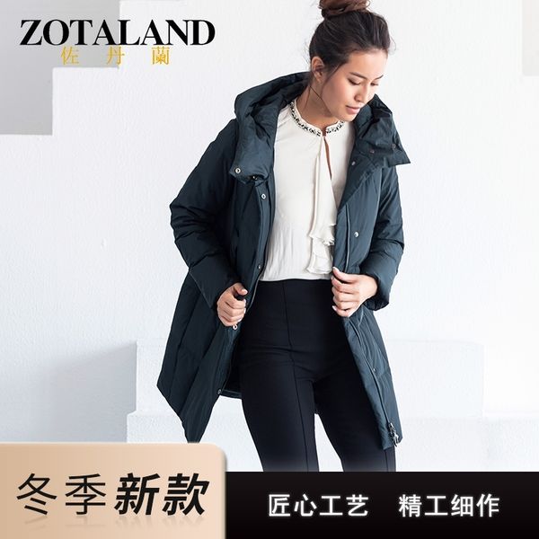 

2020 winter medium and long 90 white duck women's hooded fashion down jacket, Black