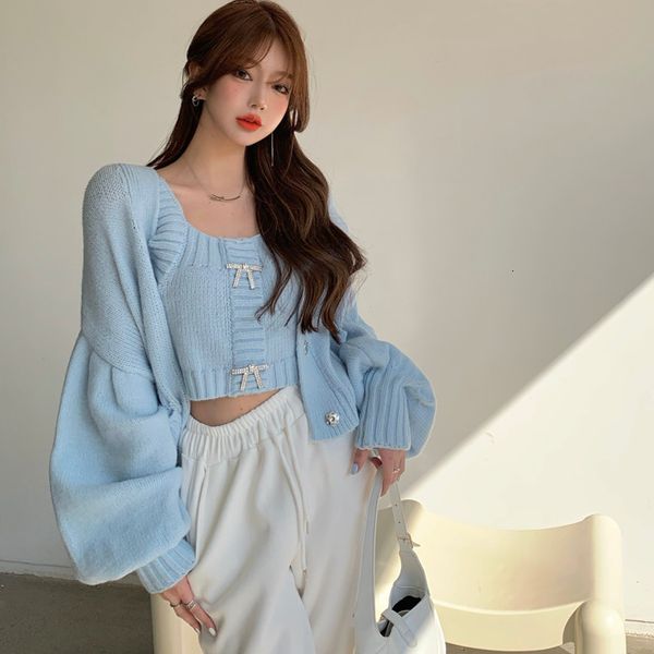 

new 2021 autumn urban casual korean-style women's wear v-neck slim-fit embroidered flower two-pieces knitted sweater cardigan v4p6, White;black
