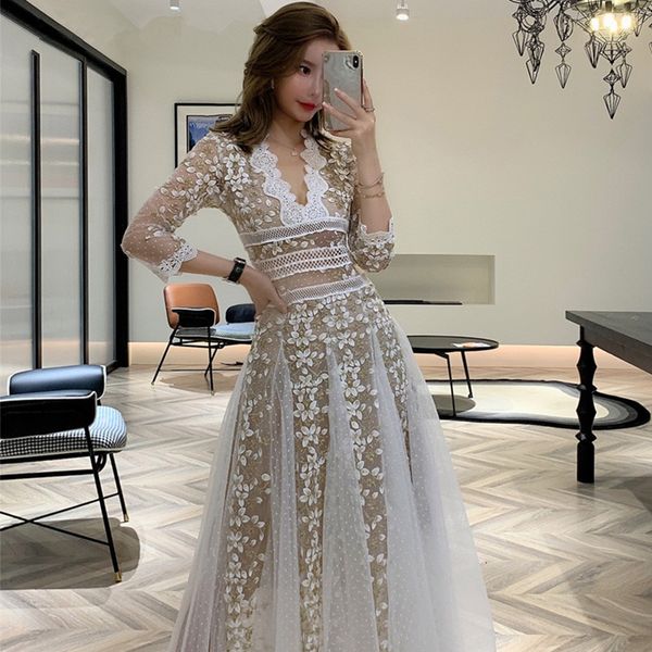 

2021 new spring clothing embroidery mesh dress woman sleeve v neck lace long white dresses party for lady vestidos ymd5, Black;gray