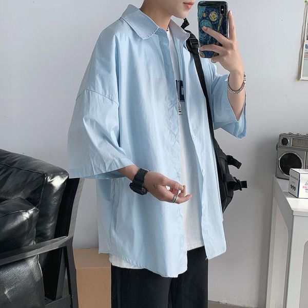 

men's casual shirts cotton short-sleeved shirt fashion solid color men streetwear korean loose mens -5xl, White;black