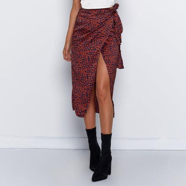 

skirts female high waist bandage leopard printing wrap satin bow split comfortable lightweight stylish fashion skirt, Black