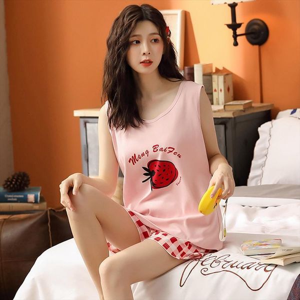 

bzel sweet strawberry pajamas summer womens sleepwears sleeveless pijamas set plaid shorts cotton sleepwear casual home suit pyjamas mujer, Black;red