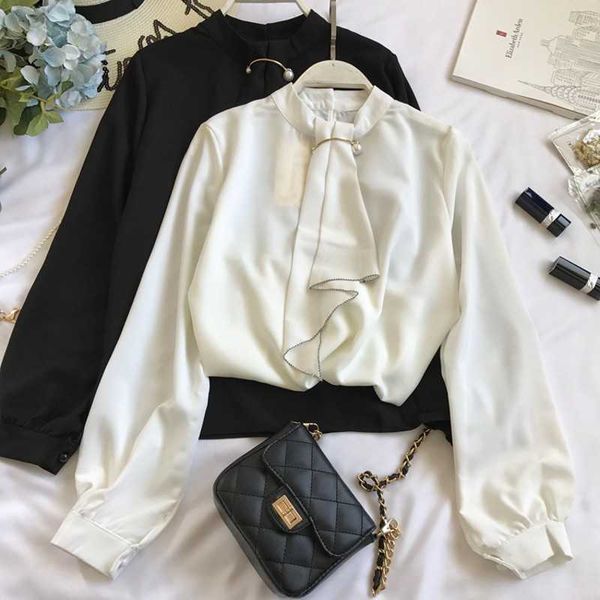 

autumn women clothing long sleeve bow tie shirts korean loose chiffon blouse shirt solid color 210601, White