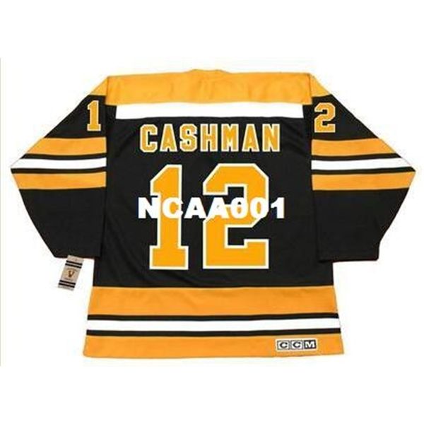 

001s #12 wayne cashman boston bruins 1974 ccm vintage away hockey jersey or custom any name or number retro jersey, Black