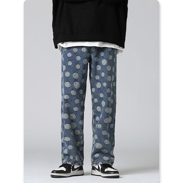 

men's jeans kpop dotted printed long men clothing straight baggy pants high street oversized gothic chic denim trousers loose clothes, Blue