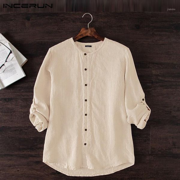 

incerun men cotton shirt autumn button long sleeve crew neck brand casual shirts retro vintage solid color camisa masculina 20191, White;black