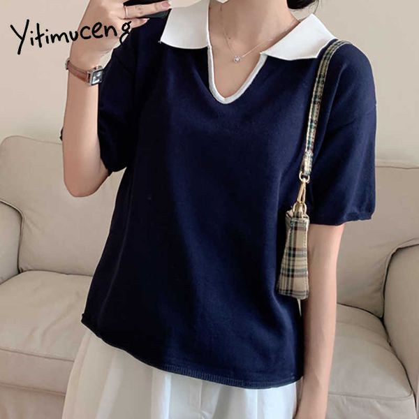

yitimuceng t shirts woman oversize casual knitted tees white purple navy blue summer fashion short sleeve shirts 210601