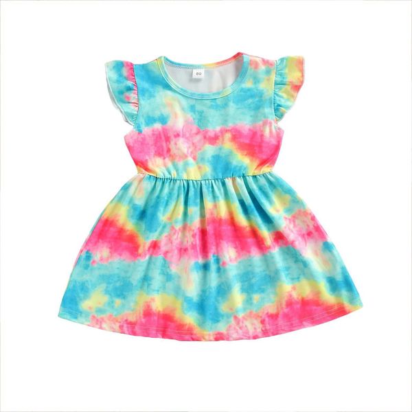 

1 6y summer lovely girls girl dresses tie dye printed ruffles sleeve a line mini, Red;yellow