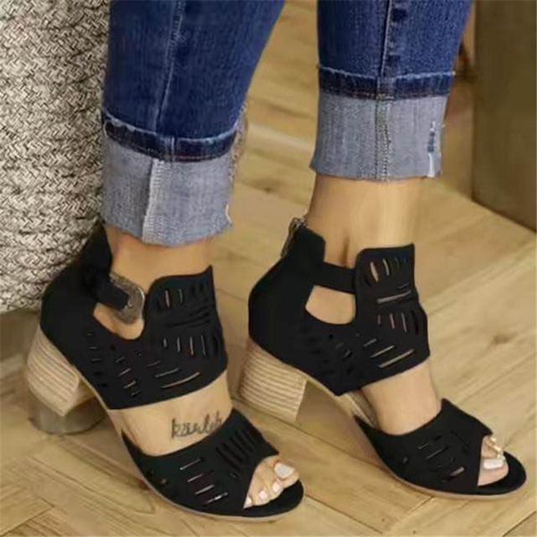 

summer 2020 new hollow-out laser flower chunky heels plus size 43 ladies' high sandals, Black