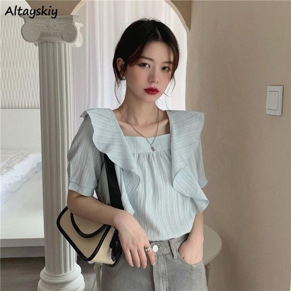 

women's blouses & shirts women ruffles retro french style design elegant loose summer soft female all-match pure color fashion blusas, White