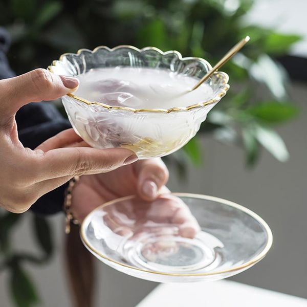

bowls glass dessert dishes golden border fruit salad bird's nest breakfast bowl creative lace sauce dish kitchen accessories