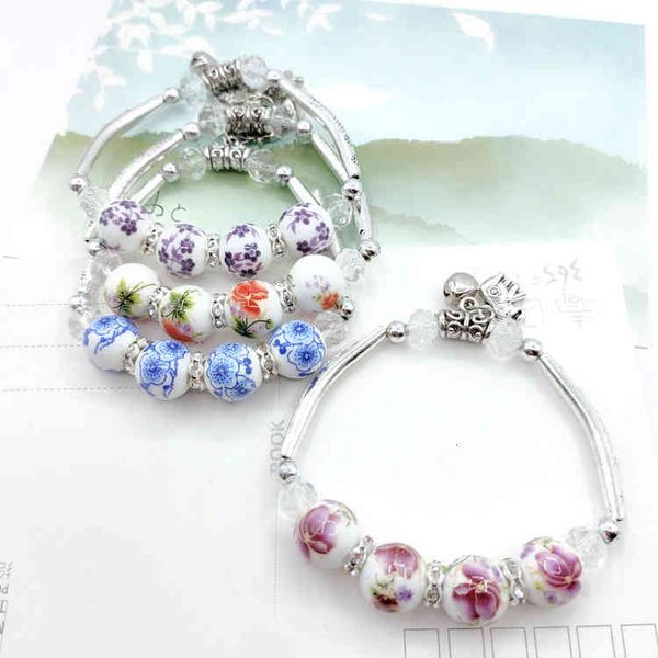 

chinese-style products ethnic style jewelry scenic spot jingdezhen ceramic bracelet miao silver blue and white porcelain chinese female