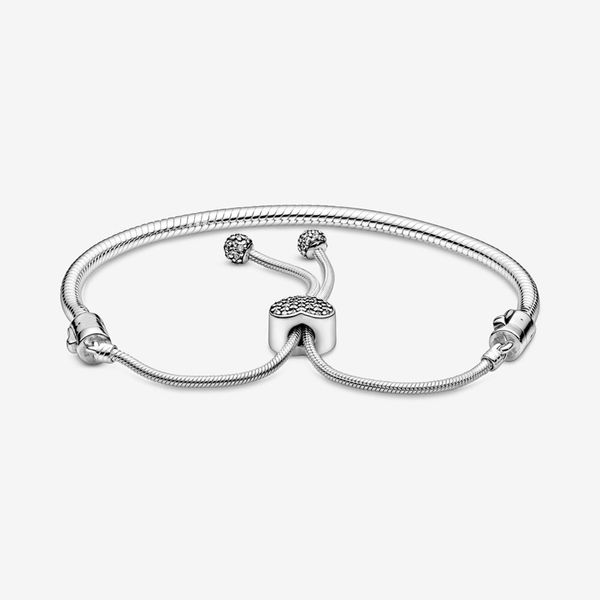 Klasik S925 STERLING Gümüş Kadın Diy Takı Yılan Zinciri Kaydırıcı Kalpler CZ Elmas Cazibe Bilezik Fit Pandora Charms Lady Doğum Günü Orijinal Kutu ile