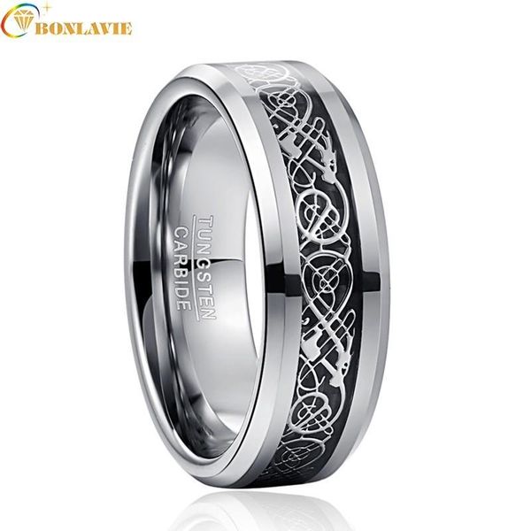 

wedding rings fashion tungsten steel band black carbon fiber ring silver dragon for men male jewelry gift drop, Slivery;golden