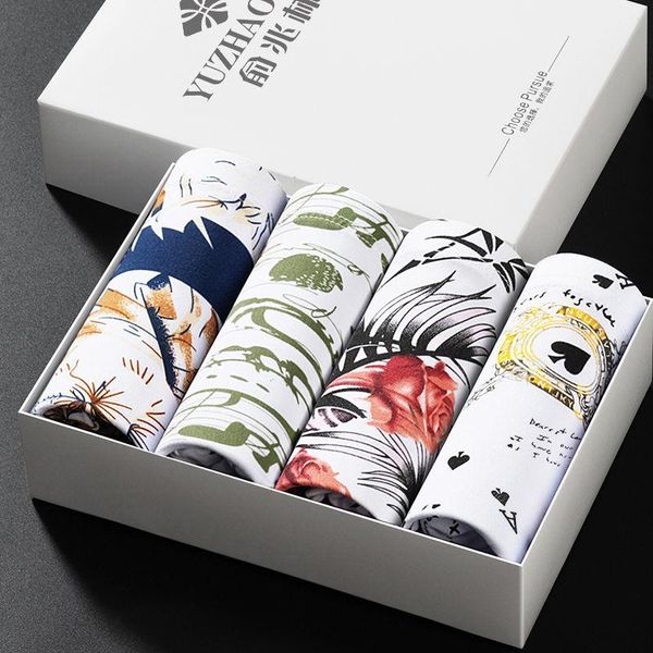 

underpants 4pcs/lot men's boxer breathable printed lingerie men fashion elastic shorts comfortable u convex tangas, Black;white