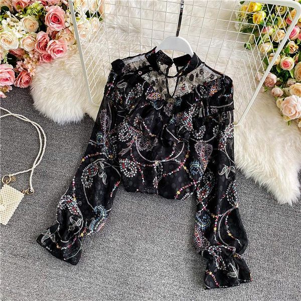 

women's blouses & shirts fashion chiffon shirt women long sleeve floral gauze stitching lace-up print 2021 soeing casual blouse, White