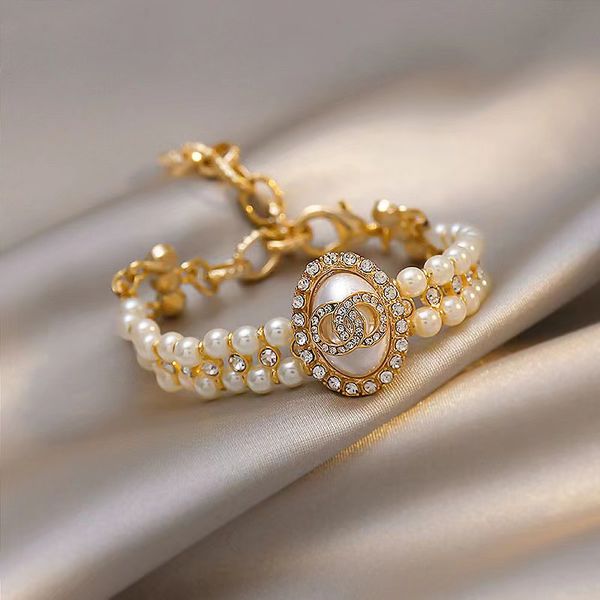 

new pearl + gold alloy lasy luxury bracelet designer elegant wedding party bracelets black white diamond-encrusted style pearls jewelry