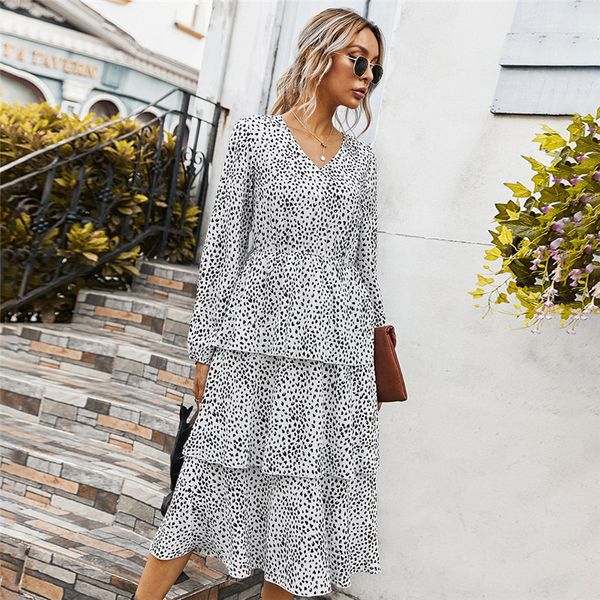 

2021 autunm winter fashion cascading ruffle print women new casual full sleeve slim mid calf female office lady jnmk, Black;gray