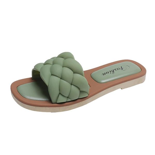

slippers women weave flat sandals 2021 summer open toes square soft green foot pad fashion leisure flip flops, Black