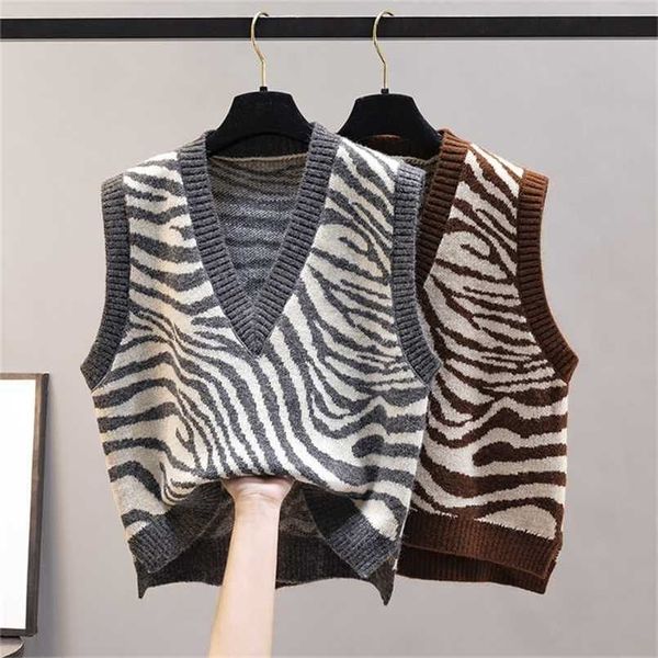 

v-neck knitted vest women korean fashion zebra pattern sleeveless sweaters waistcoat for outwear spring autumn 211022, Black;white