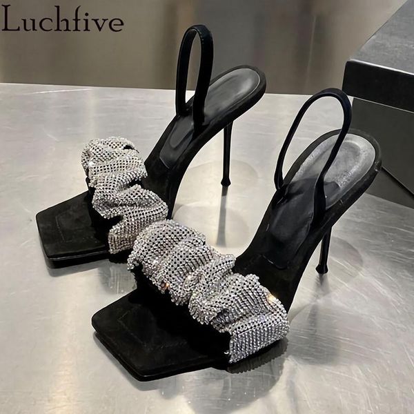

sandals ruffle crystals open toe shoes woman thin high heels slingbacks rhinestones genuine leather sapatos feminina, Black