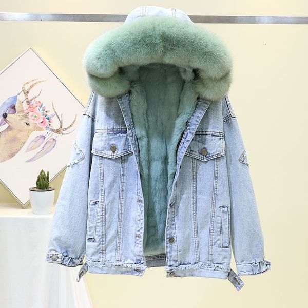 

winter warm natural fox collar hooded + real rabbit fur lined denim women loose 5 color long jeans jacket coat female 8bcl, Black;brown