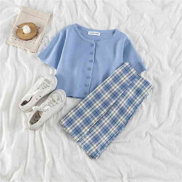 

girls plaid skirt two piece] women's summer high waist slim short button navel + a-line plaid skirt 210730, White